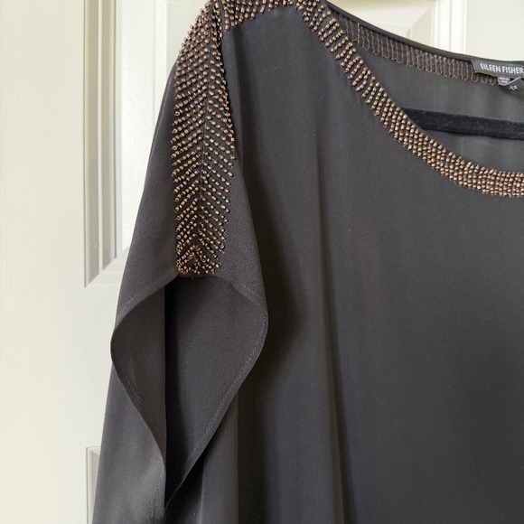 EILEEN FISHER Black Silk Tunic Top Size M Bronze beaded neckline - Picture 3 of 7